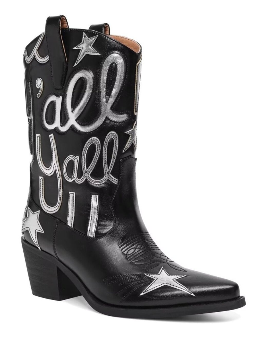 Women's Cowboy Boots Mid Calf Pointed Toe Low Chunky Heel Embroidery Metallic